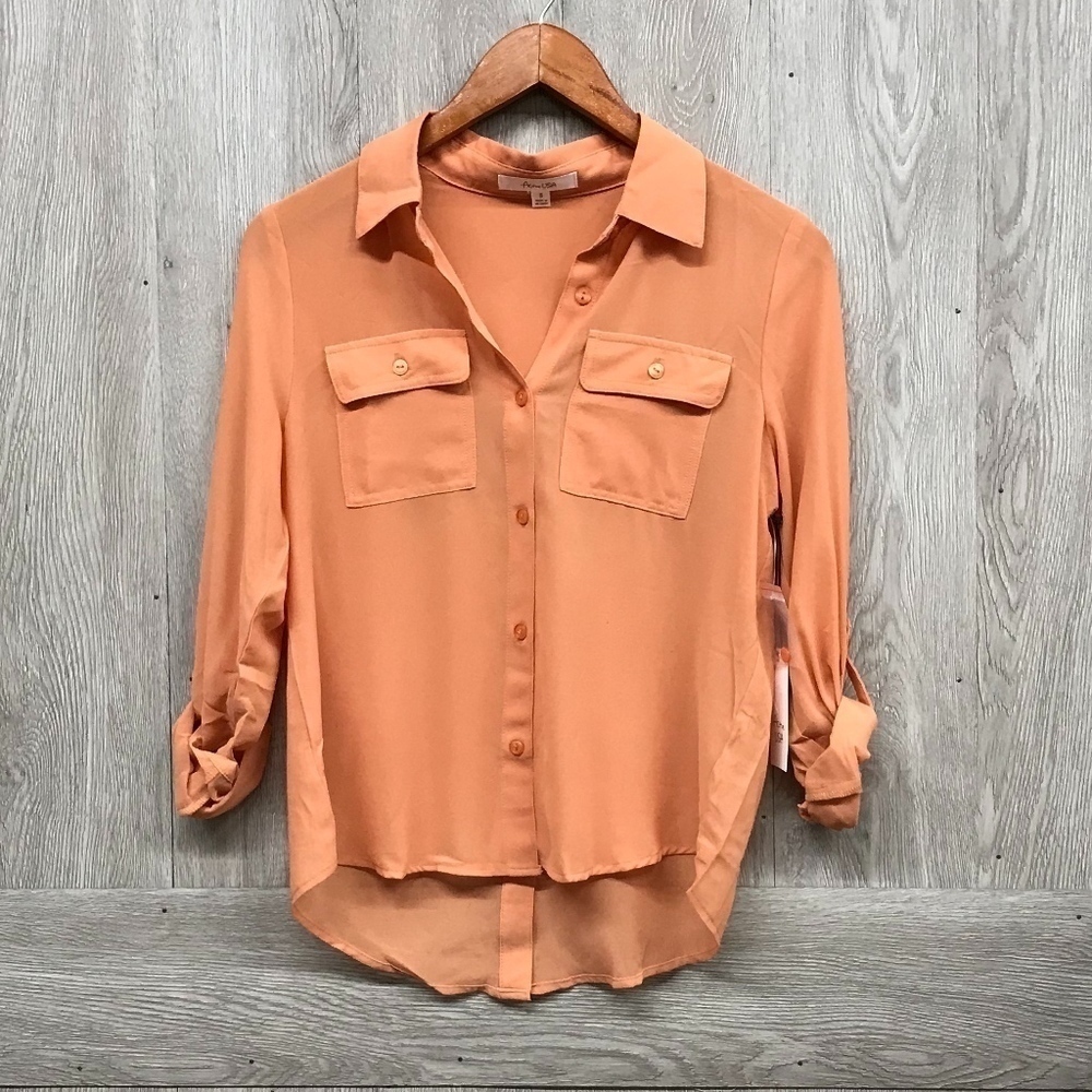Semi Sheer Peach Double Pocket Polyester Top BB984